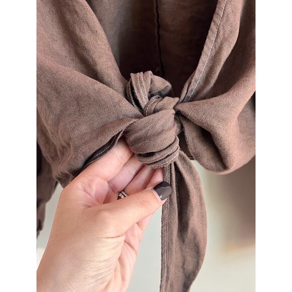 Reformation 100% Linen Puff Sleeve Tie Front Crop Blouse Brown Women's Size S - Picture 5 of 7